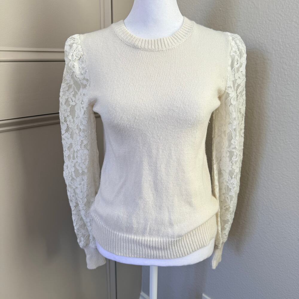 Rebecca Taylor XS Ivory Wool Blend Lace Sleeve Sweater Pullover Victorian
